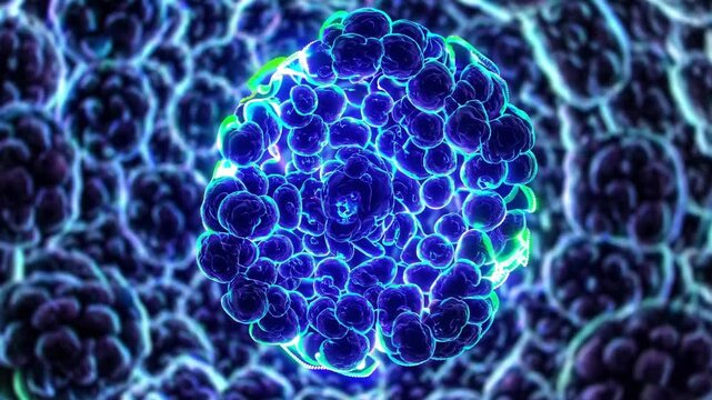 Blue viral capsid particle rotating against textured matrix, vivid color transitions to green and red, glowing surface details and receptorlike bumps for vaccine and immunology visualization