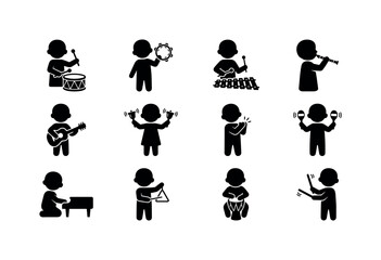 Children playing various musical instruments in a fun, stylized icon set