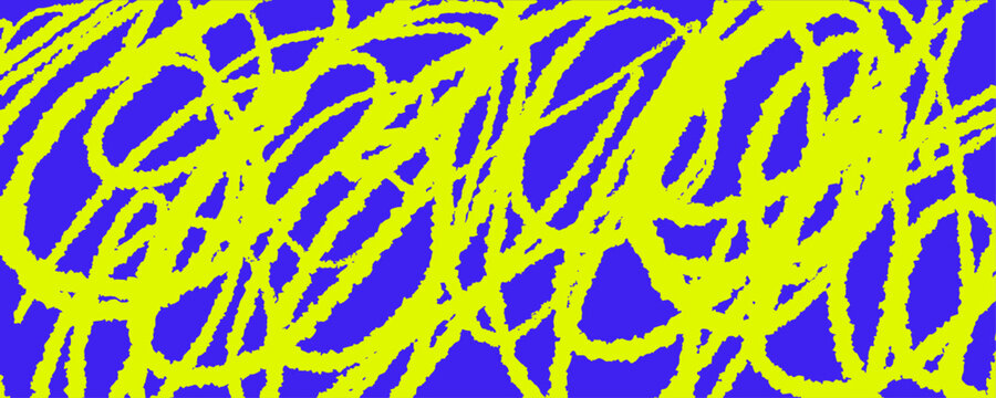 Abstract yellow scribble texture on blue background with looping chaotic lines and rough grunge energy. Vibrant backdrop with strong contrast, dynamic motion, tangled strokes, and expressive movement.