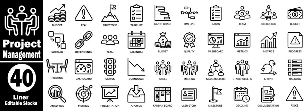 Project management line icons. Representing business processes, team collaboration, planning stages, and performance metrics, vector illustration.