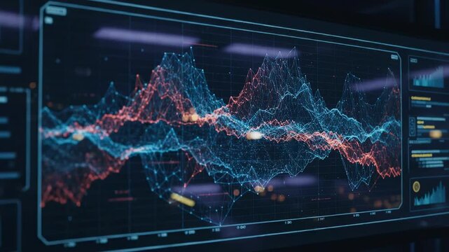 Medium shot of a large digital dashboard showing systemic risk levels with the main graph in sharp focus and surrounding data panels softly blurred.