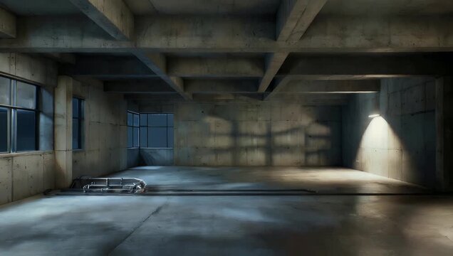 Minimalist 4K interior architectural animation of empty dark concrete room featuring smooth 3D rendering with dramatic night lighting to showcase sleek and modern structural background