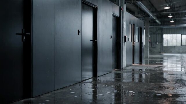 Close medium shot of multiple suite entrances in an updated industrial warehouse with rainsoaked surfaces capturing focused door frames and blurred reflections.