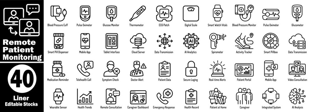 Remote patient monitoring Medical linear icons. Representing electronic health records, home patient care, smart diagnostic devices, and online doctor communication vector illustration.