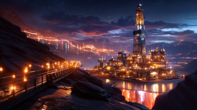 Massive Industrial Drilling Site in a Canyon at Night with Vibrant Lights