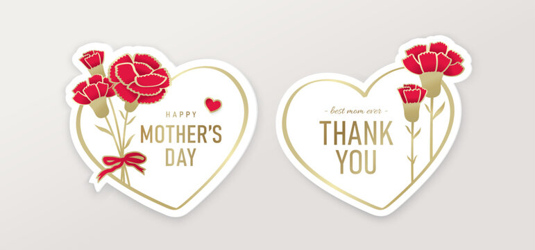 Mother&rsquo;s Day heart card set with carnation flower, ribbon and elegant typography in flat decorative style, romantic greeting and thank you design on a soft neutral background.