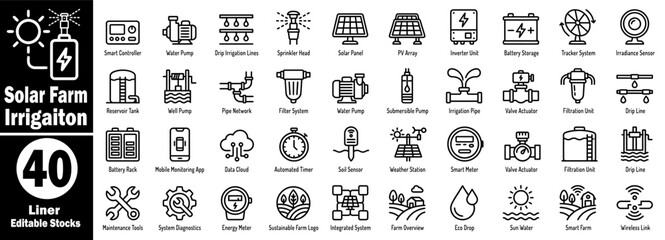 Solar farm irrigation line icons. Featuring sustainable agriculture technology, smart water management systems, and renewable energy farming solutions vector illustration. © Hafiz