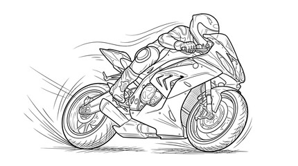 Confident motorcycle racer riding a powerful superbike on a speed circuit, action-packed line art. © ikhan