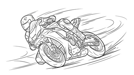 Extreme motorcycle racer leaning aggressively into a sharp curve on a speedway, black and white vector. © ikhan