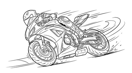 Determined motorcycle racer riding at high speed on a race track, detailed monochrome line drawing. © ikhan