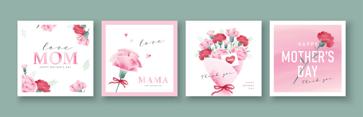 Mother's Day greeting card set with pink flowers, bouquet illustrations, hearts, gift tag, and elegant typography in soft pastel style. Feminine spring posters and celebration templates. © LittleWhale