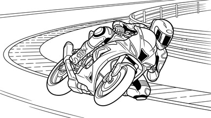 Monochrome Outline of a Motorcycle Racer Navigating a Banked Turn on a Racetrack with Barriers © ikhan