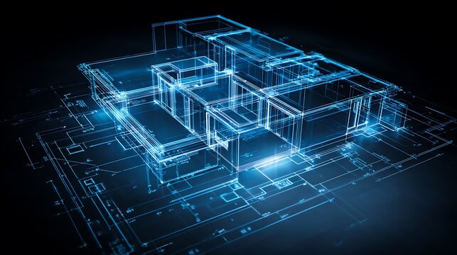 Futuristic 3D architectural blueprint showing a digital house plan with glowing blue wireframe lines on a dark background for smart home technology and engineering.