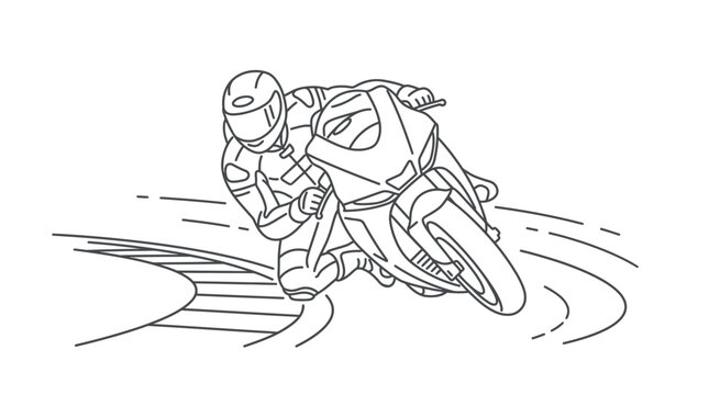 Dynamic motorcycle racer leaning into a sharp turn on a speed track, monochrome outline illustration.