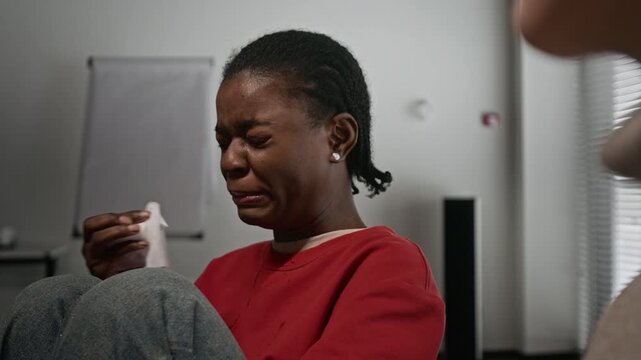 Side view shot of young Black woman crying hysterically and wiping eyes with tissue while sitting on chair during support group meeting for women with other participants comforting her