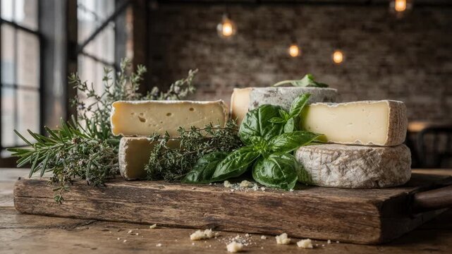 Close medium shot of herb garnishes and handmade cheeses on a distressed wooden tray in an urban loft catering setup with a blurred industrial background.
