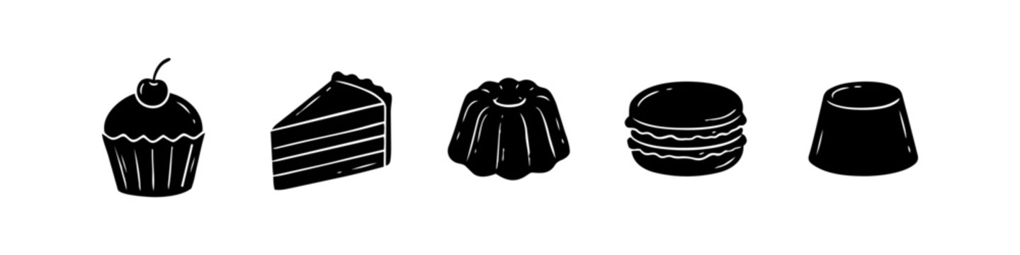 Hand-drawn black silhouette icons of assorted desserts including cupcake, cake slice, bundt cake, macaron, and pudding. Minimalist vector set for bakery, cafe menu design, isolated on white.
