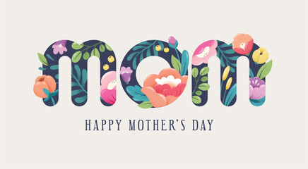 Happy Mother's Day typography with purple lettering, daisy flower and soft decorative accents on a light background. Modern greeting card or banner illustration in elegant floral style. © LittleWhale