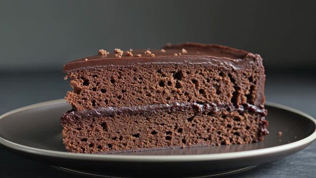 A slice of chocolate cake sits on a plate indoors.