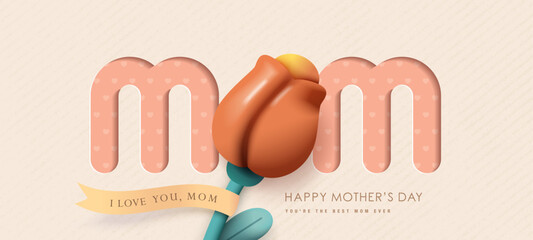 Happy Mother's Day greeting design with 3D mom typography, tulip flower and pastel botanical accents on a soft beige background. Modern decorative card or banner illustration style. © LittleWhale