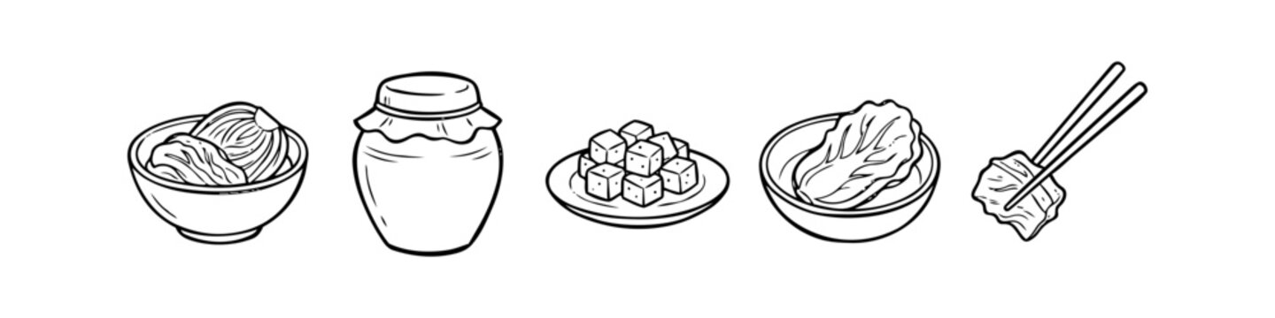 Hand-drawn line art set of traditional Korean kimchi including Napa cabbage, radish kkakdugi, a fermentation jar, and chopsticks. Minimalist black and white food illustrations for menu design.