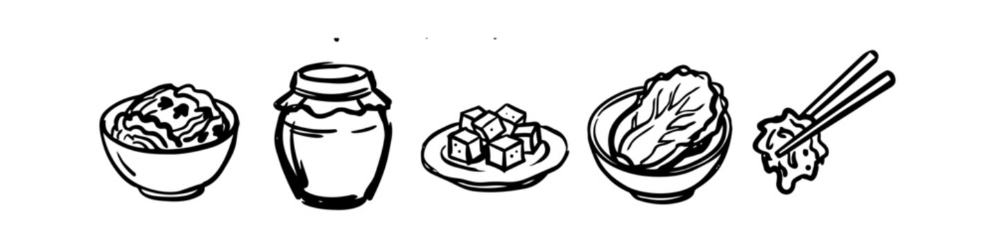 Hand-drawn black and white line art icons of traditional Korean food, featuring kimchi in a bowl, a fermentation jar, tofu, and napa cabbage. Minimalist vector illustration for culinary design.