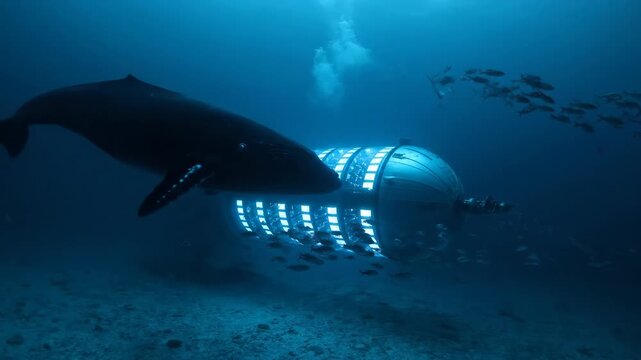 Futuristic underwater station illuminated in deep ocean. Large whale swims near modular research vessel surrounded by fish. Concept of marine biology discovery.
