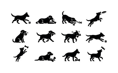 Fototapeta premium Collection of black dog silhouettes playing with toys and bones