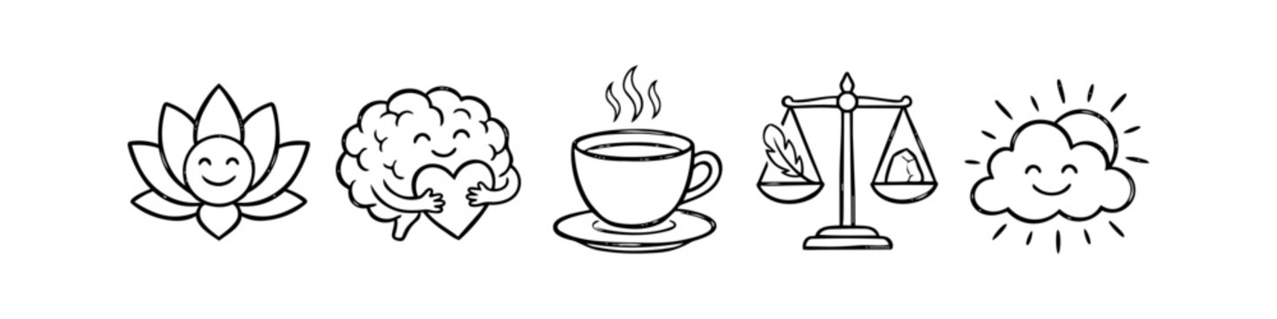 Set of hand-drawn minimalist icons for mental health, mindfulness, and self-care. Featuring a lotus, brain hugging a heart, coffee cup, balance scale, and a happy sun cloud doodle.