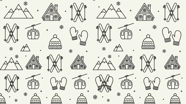 Monochrome Winter Ski Resort Icons Seamless Pattern in bright studio background.
