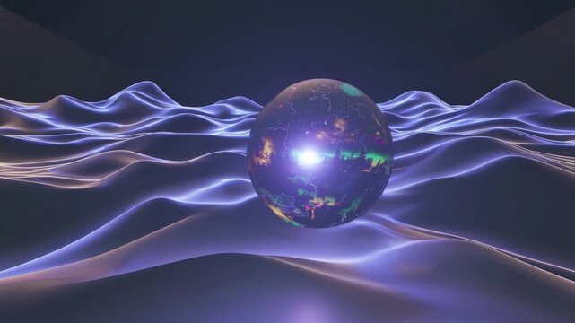 Glowing glass globe above neon waves, reflective orb rotates over undulating luminescent surface, pulsing purple and blue highlights outline digital map, serene futuristic atmosphere with subtle haze