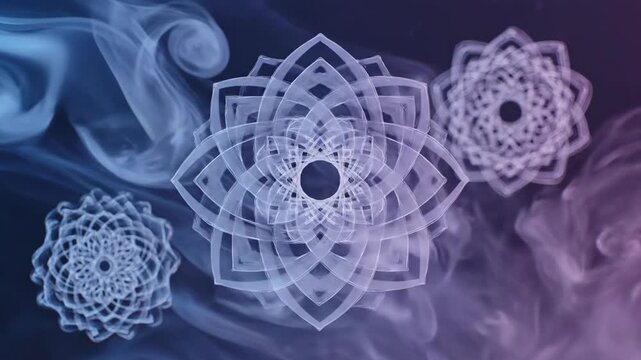 Intricate lace snowflakes floating amid colorful swirling smoke