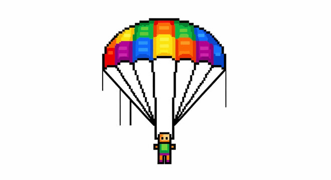 Pixelated Parachute Jumpsuit with Colorful Canopy.