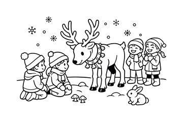 Fototapeta premium Reindeer bells scene with kids kneeling and observing a reindeer, friends laughing nearby, tiny mushrooms, snowflakes, and a