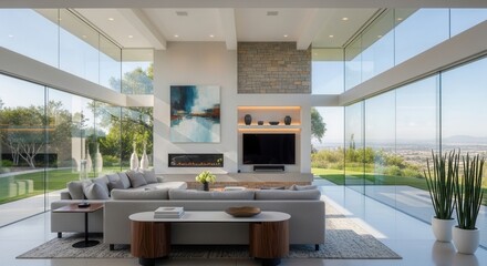 Obraz premium Modern Living Room With Panoramic Glass Walls And Scenic Views