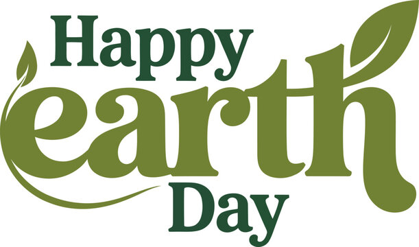 Happy Earth Day text with two green leaves and swoosh