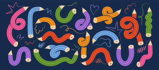 Playful set of hand drawn colorful pencils bent into dynamic curves with expressive doodle lines. Bright, whimsical composition on a dark background, ideal for education designs, kids projects, poster