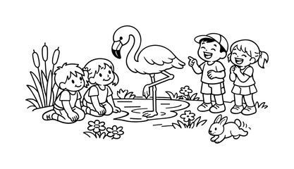 Fototapeta premium Flamingo pose scene with kids kneeling and observing a flamingo, friends laughing nearby, pond reeds, flowers, and a tiny rabbit