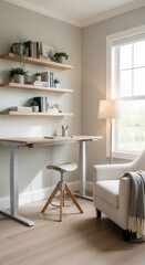 Fototapeta premium Modern Home Office Setup With Adjustable Desk And Cozy Chair