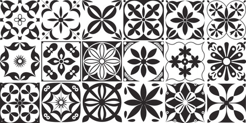 Interior Spanish Tiles Vector Set, Kitchen Mosaic Portuguese Motifs with Mediterranean Mexican Floral Patterns, Black Decorative Tile Design for Interior, Wall Decor, Flooring and Ceramic Pattern © FUF KOO