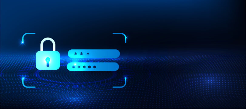 Password lock security concept with secure lock and login protection icon on blue technology background. Cybersecurity system for password authentication, user access control and digital data protecti