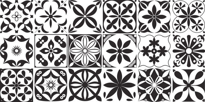 Interior Spanish Tiles Vector Set, Kitchen Mosaic Portuguese Motifs with Mediterranean Mexican Floral Patterns, Black Decorative Tile Design for Interior, Wall Decor, Flooring and Ceramic Pattern
