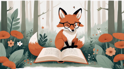 Fototapeta premium Cute Fluffy Red Fox Reading Book Flat Art Illustration