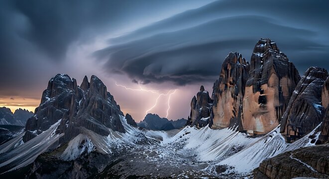 Dramatic snow-covered mountain range with lightning storm and dark clouds, rugged peaks and slopes under turbulent sky