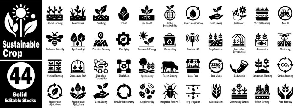 Sustainable crop solid icons set. Featuring agriculture farming techniques, organic growth, environmental protection, nature conservation, and plant science vector illustration.