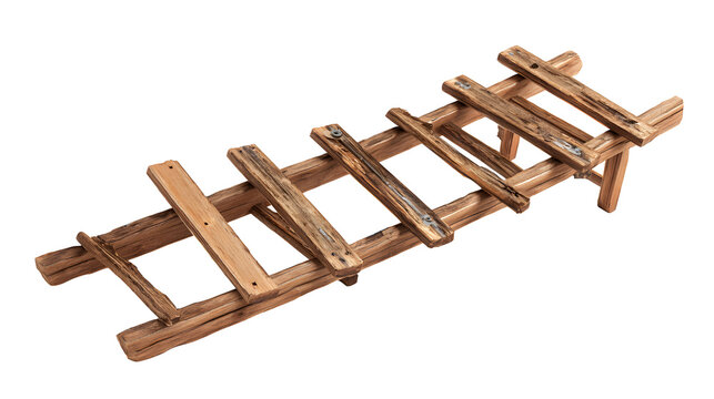 Broken wooden ladder missing steps, failure or risk concept, isolated on white background