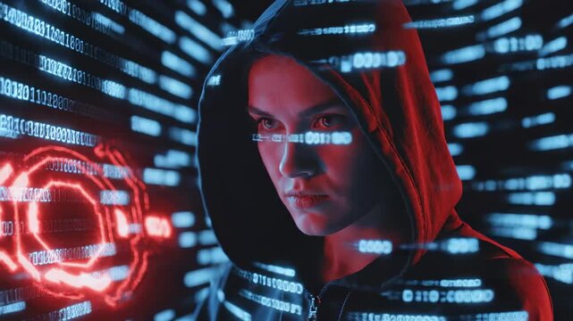 This content depicts a hooded figure in a dark environment, surrounded by digital elements representing cybercrime, highlighting the threats and dangers of malicious online activities.
