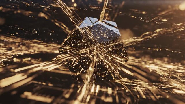 A futuristic geometric cube radiates golden light trails and data streams, symbolizing the immense power and potential of artificial intelligence in processing and transmitting vast amounts