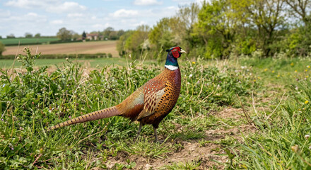 Fototapeta premium Colorful male pheasant in green grass portrait