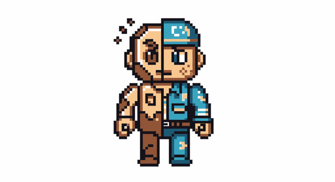 Pixel Art Character Split Between Two States.